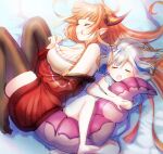  2girls amane_kanata black_legwear breasts camisole closed_eyes dragon_girl dragon_horns dragon_tail highres hololive horns kiryu_coco large_breasts long_hair multiple_girls orange_hair skindentation sleeping tail tail_hug thick_thighs thighs toro_astro translation_request white_camisole 
