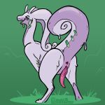  2022 anthro anus bent_over biped butt curled_tail digital_media_(artwork) digitigrade genitals goodra green_background green_eyes looking_at_viewer looking_back looking_back_at_viewer male melthecannibal nintendo open_mouth open_smile penis pink_body pok&eacute;mon pok&eacute;mon_(species) presenting presenting_hindquarters purple_body raised_tail simple_background smile solo tapering_penis video_games 