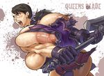  action black_hair breasts cattleya dirt gigantic_breasts glasses gloves hata_(pixiv4102938) muscle open_mouth ponytail queen's_blade scar solo sweat sword weapon 