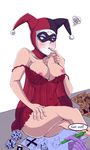  1boy 1girl bare_shoulders batman_(series) blue_eyes blush breasts dc_comics female harley_quinn hat jester_cap lingerie mask midriff navel nipples pink_nipples see-through sitting solo the_joker underwear yamaneko_tora 