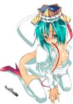  absurdres auauun bottomless breasts cum cum_on_body cum_on_upper_body dildo facial green_eyes green_hair hat high_heels highres large_breasts mouth_hold open_clothes open_shirt ribbon shiki_eiki shirt shoes short_hair solo thighhighs touhou white_legwear white_shirt 