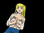  1girl animated animated_gif black_background blonde_hair blue_eyes bouncing_breasts breasts denim denim_shorts falling_out fullmetal_alchemist gif leaning_forward long_hair looking_at_viewer lowres naked nipples nude nude_filter open_mouth photoshop ponytail shirt shorts simple_background small_breasts smile solo tied_shirt undressing uniform winry_rockbell 