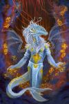  2018 anthro blue_eyes blue_scales dhstein dragon hair male scales solo standing traditional_media_(artwork) white_hair 