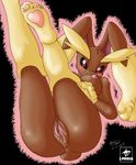  1girl animal_ears anus ass barefoot bedroom_eyes big_breasts black_sclera blush breasts bunny_ears butt feet female furry hindpaw lagomorph legs_up long_ears looking_at_viewer lopunny lying lynxia mammal nintendo nipples nude on_back pawpads paws plump_labia pok&#233;mon pokemon presenting pussy pussy_juice smile soles solo tail toes video_games wet 