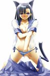  animal_ears asymmetrical_bangs bangs black_hair blush breasts cat_ears cat_tail hair_down hand_in_panties hands kneeling long_hair mahou_sensei_negima! medium_breasts nipples open_clothes open_shirt panties purple_eyes pussy pussy_juice pussy_juice_trail sakurazaki_setsuna school_uniform shirt side-tie_panties skirt skirt_pull solo striped striped_panties tail tomoyo_(artist) underwear 