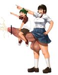  age_difference ayase_fuuka black_hair censored character_request cum cumming ejaculation futanari huge_penis huge_testicles koiwai_yotsuba large_breasts pointing pointless_censoring riding school_uniform short_hair smile testicles what yotsubato! 