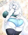  anthro big_breasts big_butt breasts butt canid canine clothing female fur hi_res legwear leonkatlovre looking_at_viewer looking_back looking_back_at_viewer mammal solo thick_thighs thigh_highs white_body white_fur 