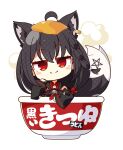  1girl 7:08 absurdres ahoge animal_ear_fluff animal_ears black_hair black_hoodie blush bowl chibi commentary_request detached_sleeves ear_piercing extra_ears eyebrows_visible_through_hair food food_on_head fox_ears fox_girl fox_tail hair_between_eyes head_rest highres hololive hood hoodie kurokami_fubuki looking_at_viewer neckerchief object_on_head pentagram piercing red_eyes red_neckerchief simple_background smile solo tail virtual_youtuber white_background 