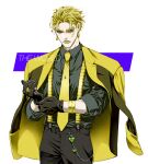  1boy adapted_costume black_gloves black_shirt blonde_hair bracelet contemporary earrings formal gloves green_lips heart hermit_purple hierophant_green humanization jacket jacket_on_shoulders jewelry jojo_no_kimyou_na_bouken kobayashi_(oksk0x0) magician&#039;s_red male_focus necktie red_hair ring shirt silver_chariot star_platinum stardust_crusaders suspenders the_world yellow_jacket 