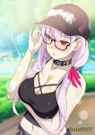  1girl adjusting_eyewear alternate_costume arm_under_breasts bare_shoulders baseball_cap bespectacled black-framed_eyewear black_camisole black_choker blush breast_hold breasts camisole choker cleavage collarbone contemporary eyebrows_visible_through_hair fate/grand_order fate_(series) glasses hat heroic_spirit_tour_outfit highres kama_(fate) kasabuta9500 large_breasts long_hair looking_to_the_side midriff navel red_eyes silver_hair solo upper_body 