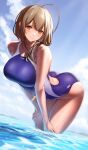  1girl absurdres ahoge arched_back ass bangs bare_shoulders blue_sky blue_swimsuit blush breasts brown_eyes brown_hair collarbone hair_over_shoulder highres idolmaster idolmaster_shiny_colors kuwayama_chiyuki large_breasts leaning_forward long_hair looking_at_viewer ocean one-piece_swimsuit sky smile solo swimsuit thighs two-tone_swimsuit ulrich_(tagaragakuin) wading wet white_swimsuit 