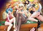  3girls alternate_costume animal_ears aqua_eyes aqua_hair arm_behind_head arm_support arm_up ass bandaid bandaid_on_knee bangs bare_legs bare_shoulders barefoot between_legs bird_tail black_hair black_leotard blonde_hair blue_leotard bow bowtie breasts brown_hair casino casino_card_table cleavage closed_mouth collarbone crossed_legs dated detached_collar dutch_angle expressionless eyebrows_visible_through_hair fake_animal_ears fang fishnet_legwear fishnets flat_chest gloves green_eyes grey_hair hair_between_eyes hair_intakes hairband hand_between_legs hand_on_own_cheek hand_on_own_face hand_on_own_thigh hand_rest hand_up high_heels indoors japari_symbol kemono_friends king_cobra_(kemono_friends) knee_up kneeling large_breasts leaning_forward leaning_to_the_side leotard long_hair looking_at_viewer medium_breasts medium_hair multicolored_eyes multicolored_hair multiple_girls open_mouth pantyhose parted_lips playboy_bunny poker_chip purple_hair rabbit_ears red_eyes red_leotard saijou_k shoebill_(kemono_friends) shoes sitting snake_tail strapless strapless_leotard tail tan tsuchinoko_(kemono_friends) twintails twisted_torso twitter_username two-tone_hair v-shaped_eyebrows wing_collar yellow_eyes 