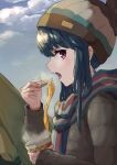  1girl beanie blue_hair brown_headwear brown_jacket chopsticks cloud commentary_request cup cup_ramen day eating eyebrows_visible_through_hair food from_side hair_between_eyes hand_up hat highres holding holding_chopsticks holding_cup ito_t20a jacket long_hair long_sleeves looking_at_viewer looking_to_the_side multicolored_clothes multicolored_scarf noodles open_mouth outdoors pom_pom_(clothes) profile purple_eyes scarf shima_rin sidelocks sketch solo steam striped striped_scarf tent upper_body yurucamp 