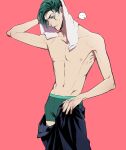  ... 1boy anger_vein boxers clothes_pull diamond_wa_kudakenai dressing earrings green_eyes green_hair jewelry jojo_no_kimyou_na_bouken kishibe_rohan kobayashi_(oksk0x0) male_focus male_underwear pants pants_pull solo spoken_anger_vein topless_male towel towel_on_head undercut underwear wet wet_hair 