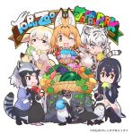  animal_ears bird closed_mouth common_raccoon_(kemono_friends) eating fennec_(kemono_friends) food fruit gloves humboldt_penguin_(kemono_friends) kemono_friends necktie open_mouth penguin serval_(kemono_friends) shirt simple_background skirt smile tail white_background white_tiger_(kemono_friends) yoshizaki_mine 