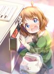  1girl ahoge bag blue_eyes blush brown_hair commentary desk embarrassed flower gift hair_flower hair_ornament idolmaster idolmaster_million_live! long_sleeves looking_at_viewer open_mouth short_hair solo squatting suou_momoko toma_(shinozaki) valentine 
