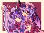 2girls arm_cuffs arm_up bangs bat_wings blue_bow bow dress_bow eyebrows_visible_through_hair fang hair_bow hat hat_bow hat_ribbon heart light_blush long_hair looking_at_viewer mob_cap multiple_girls nail_polish open_mouth patchouli_knowledge purple_eyes purple_hair red_bow red_eyes red_nails red_ribbon remilia_scarlet ribbon robe short_hair short_sleeves simple_background smile speech_bubble spoken_heart symbol-only_commentary touhou tsugomori_(remilia0398) upper_body wide_sleeves wings 