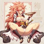  1girl 2021 baiken big_hair breasts budget_sarashi character_name covered_nipples cup eyepatch guilty_gear guilty_gear_xrd highres jammeryx japanese_clothes katana kimono large_breasts multicolored_clothes multicolored_kimono open_clothes open_kimono petals pink_hair sakazuki sandals sarashi scar scar_across_eye signature solo spread_legs sword weapon web_address 