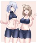  2girls :d :o ahoge ass_visible_through_thighs bangs bare_shoulders bike_shorts black_sports_bra blue_eyes blush breasts brown_background brown_eyes brown_hair chado_maki collarbone covered_collarbone cowboy_shot eyebrows_visible_through_hair groin hair_between_eyes hair_flaps hair_over_one_eye hand_on_another&#039;s_waist hand_up large_breasts long_hair looking_at_viewer midriff multiple_girls myouan navel open_mouth original ponytail shirakami_itsuki short_hair sidelocks silver_hair simple_background skindentation small_breasts smile sports_bra standing taut_clothes thick_eyebrows turtleneck white_background 