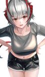  1girl absurdres arknights blush breasts cleavage depayama_(depaty) grey_shirt hand_on_hip highres horns navel open_mouth red_eyes shirt short_shorts shorts silver_hair smile solo w_(arknights) white_background 
