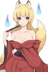  1girl absurdres animal_ear_fluff animal_ears bangs banned_artist bare_shoulders blue_eyes breasts cleavage closed_fan collarbone eyebrows_behind_hair folding_fan fox_ears fox_girl fox_tail hand_fan highres hitodama holding holding_fan japanese_clothes kimono long_hair long_sleeves looking_at_viewer medium_breasts mole mole_on_breast obi off_shoulder original red_kimono sash shimizu_akina simple_background solo tail tail_raised white_background wide_sleeves 