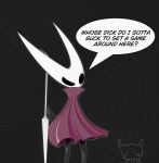  ambiguous_gender arthropod black_body black_eyes black_skin bodily_fluids character_in_background clothing cung dress duo female hollow_knight hollow_knight_(character) horn hornet_(hollow_knight) humanoid insect mouthless pattern_background profanity simple_background team_cherry teardrop tears text video_games weapon 
