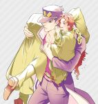  3boys age_regression blue_hair carrying child dual_persona earrings fireman&#039;s_carry gakuran jewelry jojo_no_kimyou_na_bouken kakyoin_noriaki kobayashi_(oksk0x0) kujo_jotaro long_coat male_focus multiple_boys oversized_clothes purple_eyes red_hair school_uniform stardust_crusaders younger 