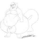  absurd_res anthro balls belly big_(disambiguation) big_balls chubby_male deonwolf felid genitals hi_res kaiju male mammal overweight pantherine poundcake smile smirk solo thick_thighs tiger wide_hips 