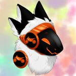  anthro black_ears character_enduro fur headshot_portrait hi_res ittybittiestpawz machine male orange_eyes portrait protogen rainbow_background simple_background solo white_body white_fur 