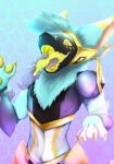  absurd_res anthro armor avilay_conely blue_body blue_fur blue_hair disembodied_hand fur ghost_hands hair hexagon hi_res machine open_mouth paws protogen solo tongue yellow_body yellow_fur 