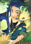  1boy absurdres adaman_(pokemon) arm_wrap black_shirt blue_coat blue_hair blurry brown_eyes closed_mouth coat collar collarbone commentary_request earrings eyebrow_cut green_hair hand_wraps highres jewelry leafeon looking_to_the_side male_focus mkakimikan multicolored_hair pokemon pokemon_(creature) pokemon_(game) pokemon_legends:_arceus pokemon_on_arm shirt smile tied_hair 