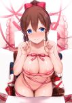  1girl areola_slip areolae bangs bare_shoulders blue_eyes blush bow box breasts brown_hair cai_geng closed_mouth collarbone cowboy_shot eyebrows_visible_through_hair frilled_pillow frills gift gift_box groin hair_bow heart-shaped_box highres idolmaster idolmaster_million_live! large_breasts long_hair looking_at_viewer naked_ribbon navel nose_blush pillow ponytail red_bow red_ribbon ribbon satake_minako sidelocks smile solo valentine yes-no_pillow 