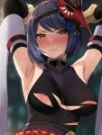  1girl areola_slip areolae armpits arms_behind_head arms_up aumann bangs bare_shoulders bird_mask black_bodysuit blurry blurry_background blush bodysuit breasts detached_sleeves eyebrows_visible_through_hair frown genshin_impact hair_between_eyes hair_ornament half-closed_eyes highres japanese_clothes kujou_sara large_breasts looking_at_viewer mask mask_on_head nipple_slip nipples nose_blush parted_lips purple_hair short_hair solo steam sweat torn_clothes upper_body yellow_eyes 