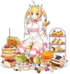  1girl ahoge ark_order artist_request bangs beelzebub_(ark_order) blonde_hair blush breasts butterfly_hair_ornament cake candy candy_wrapper checkerboard_cookie chocolate cookie cup cupcake dessert doughnut dress_shirt food food_on_face fork fruit full_body grapes hair_ornament holding holding_cup holding_spoon honey ice_cream large_breasts lollipop long_sleeves low_twintails macaron muffin multicolored_nails official_art pancake parfait plate red_eyes sandwich shirt sidelocks sitting skindentation solo spoon stack_of_pancakes strawberry striped striped_legwear swiss_roll tachi-e thighhighs tiered_tray transparent_background twintails two_side_up utensil_in_mouth wafer_stick wariza whipped_cream white_shirt 
