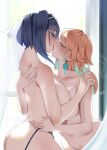  2girls ass back backlighting bangs black_panties blue_eyes blue_hair blush body_blush breasts closed_eyes collarbone completely_nude earrings feather_earrings feathers fingernails gradient_hair hair_intakes highres hololive hololive_english hug jewelry kiss large_breasts leaning_forward long_fingernails long_hair monobe_yuri multicolored_hair multiple_girls nail_polish navel nude orange_hair ouro_kronii panties panty_pull pulled_by_another short_hair sideboob takanashi_kiara topless underwear veil virtual_youtuber white_nails window yuri 
