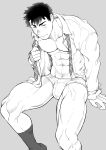  1boy abs absurdres bara bare_pectorals blush briefs bulge chabashira_tatsukichi feet_out_of_frame greyscale highres leaning_forward looking_at_viewer male_focus male_underwear monochrome muscular muscular_male navel nipples no_pants nose_blush open_clothes open_shirt original pectorals salaryman short_hair sideburns sitting socks solo stomach thick_thighs thighs underwear undone_necktie undressing_another 