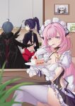  3girls absurdres alternate_costume apron black_cape black_hair breasts cake cake_slice cape cleavage crossed_legs elf elysia_(honkai_impact) enmaided food fork highres holding holding_fork holding_plate honkai_(series) honkai_impact_3rd indoors kevin_kaslana long_sleeves looking_at_viewer maid maid_apron maid_headdress mobius_(honkai_impact) multiple_girls pink_hair plate pointy_ears ponytail portrait_(object) purple_eyes purple_hair raiden_mei raiden_mei_(danzai_spectramancer) raven_(honkai_impact_3rd) short_hair short_sleeves sitting thighhighs white_legwear xiao_fei 