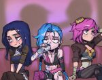  3girls arm_tattoo arm_up bangs bare_shoulders blush braid breasts brown_pants caitlyn_(league_of_legends) can cloud_tattoo collarbone couch crossed_legs drinking eyebrows_visible_through_hair flat_chest goggles goggles_on_head holding holding_can jinx_(league_of_legends) league_of_legends long_hair long_sleeves medium_breasts multiple_girls pants phantom_ix_row pink_hair pouty_lips shiny shiny_hair short_hair siblings single_thighhigh sisters sitting striped striped_pants tattoo thighhighs twin_braids vi_(league_of_legends) wavy_mouth 