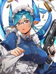 apron blue_hair blue_horns breasts collared_dress dragon_girl dragon_horns dragon_wings dress fish_tail frilled_apron frills glasses gun hat highres holding holding_clothes holding_dress holding_gun holding_weapon horns large_breasts long_sleeves maid maid_headdress melusine_(housamo) mob_cap nizitarosan open_mouth pink_eyes pointy_ears puffy_long_sleeves puffy_sleeves shell_casing short_hair tail tokyo_afterschool_summoners upper_body weapon white_background wings 