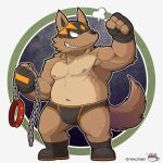  2022 anthro biped black_nose brown_body bulge canid canine canis clothing collar domestic_dog flappydog_(character) humanoid_hands kemono male mammal mask musclegut navel nekotiger_(artist) nipples solo underwear 