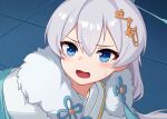  1girl :d bangs blue_hair chinese_clothes hair_between_eyes hair_ornament highres honkai_(series) honkai_impact_3rd long_hair meme open_mouth sailor_moon_redraw_challenge_(meme) smile solo sweat theresa_apocalypse theresa_apocalypse_(starlit_astrologos) tile_floor tiles white_hair xiang_he_he_qunzi zhuge_kongming_(honkai_impact) 