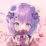  1girl absurdres animal_ears bangs bear_ears black_sailor_collar candy chocolate covered_mouth eyebrows_visible_through_hair food frilled_sailor_collar frills grey_shirt hair_between_eyes hands_up heart heart-shaped_chocolate highres holding holding_food long_sleeves looking_at_viewer original pink_background purple_eyes purple_hair rin_(fuwarin) sailor_collar shirt simple_background solo two_side_up upper_body valentine 