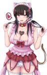  1girl absurdres animal_ears apron assault_lily bangs bare_arms bare_shoulders bell between_breasts black_hair bloomers blunt_bangs blush bow bowtie breasts candy cat_ears cat_tail chin_gero chocolate cleavage collar collarbone commentary_request cowboy_shot eyebrows_visible_through_hair fake_animal_ears fake_tail food food_between_breasts frilled_apron frilled_collar frilled_skirt frills green_eyes hair_ornament hair_scrunchie hands_up happy_valentine heart heart-shaped_chocolate highres holding holding_hair jingle_bell large_breasts long_hair looking_at_viewer maid_headdress microskirt neck_bell open_mouth pink_apron red_bow red_bowtie red_skirt scrunchie sideboob simple_background skirt smile solo speech_bubble spoken_heart standing tail teeth thighhighs underwear upper_teeth valnareik_omen_of_lust wang_yujia white_background white_bloomers white_legwear white_scrunchie 