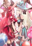  2girls absurdres bangs black_bow blue_eyes blush bow braid breasts closed_eyes dress earrings fairy_knight_tristan_(fate) fate/grand_order fate_(series) french_braid grey_hair hair_bow hat highres jewelry large_breasts long_hair morgan_le_fay_(fate) multiple_girls no-kan open_mouth pink_hair pointy_ears ponytail sidelocks smile thighs tiara very_long_hair witch_hat 