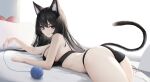  1girl animal_ears ass bangs bare_arms bare_shoulders bed_sheet black_bra black_hair black_panties bra breast_press breasts cat_ears cat_girl cat_tail eyebrows_visible_through_hair from_side highres kawauso_(ppdp7544) large_breasts long_hair looking_at_viewer looking_to_the_side lying on_bed on_stomach original panties parted_lips pillow red_eyes sideboob smile solo tail thighs underwear underwear_only very_long_hair yarn yarn_ball 