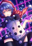  1girl :3 bangs black_capelet black_legwear blob blue_eyes breasts capelet closed_mouth commentary_request covered_navel dark_blue_hair doremy_sweet dream_world_(touhou) dress eyelashes feet_out_of_frame fingernails grid hat highres legacy_of_lunatic_kingdom light_smile lips looking_at_viewer medium_breasts mononobe_kanako nightcap pink_nails pom_pom_(clothes) red_headwear shiny shiny_hair short_hair signature solo thighhighs thighs touhou underboob white_dress 