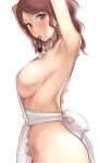  1girl amagami apron armpits arms_up bangs bare_shoulders blush breasts brown_eyes brown_hair closed_mouth cowboy_shot from_side highres large_breasts long_hair looking_at_viewer looking_to_the_side mouth_hold nakata_sae naked_apron parted_bangs serizawa_(serizawaroom) sideboob simple_background smile solo sweat wet white_apron white_background 