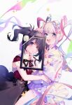  1girl 2girls abstract_background absurdres ame-chan_(needy_girl_overdose) black_hair black_nails black_ribbon blue_eyes blue_hair blue_nails blush bow chouzetsusaikawa_tenshi-chan crying crying_with_eyes_open dual_persona empty_picture_frame glitch grey_hair hair_bow hair_ornament highres holographic_clothing iei long_hair momuraer multicolored_hair multicolored_nails multiple_girls multiple_hair_bows nail_polish neck_ribbon needy_girl_overdose open_mouth parted_lips picture_frame pin pink_hair pink_nails pleated_skirt purple_eyes quad_tails red_nails ribbon sailor_collar saliva school_uniform serafuku skirt smile suspender_skirt suspenders tears twintails v very_long_hair x_hair_ornament yellow_bow 