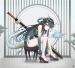  1girl adjusting_clothes adjusting_shoe aqua_hair arknights bangs bare_legs bare_shoulders barefoot bitey_(arknights) black_footwear black_hair china_dress chinese_clothes chinese_commentary closed_mouth commentary_request dragon_girl dragon_horns dragon_tail dress dusk_(arknights) dusk_(everything_is_a_miracle)_(arknights) earrings eyebrows_visible_through_hair full_body green_dress high_heels highres horns ink jewelry leaning_forward long_hair looking_at_viewer multicolored_hair official_alternate_costume orange_eyes pelvic_curtain pointy_ears silver_bullet sitting sleeveless sleeveless_dress solo stool streaked_hair sword tail tail_ornament tail_ring two-tone_hair very_long_hair weapon 