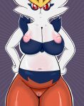  absurd_res anthro belly big_breasts breasts cinderace female fur genitals hair hands_on_hips hi_res inverted_nipples looking_angry looking_at_viewer multicolored_hair nintendo nipples pok&eacute;mon pok&eacute;mon_(species) pussy red_eyes slightly_chubby solo thehonestrival thick_thighs video_games white_body white_fur 